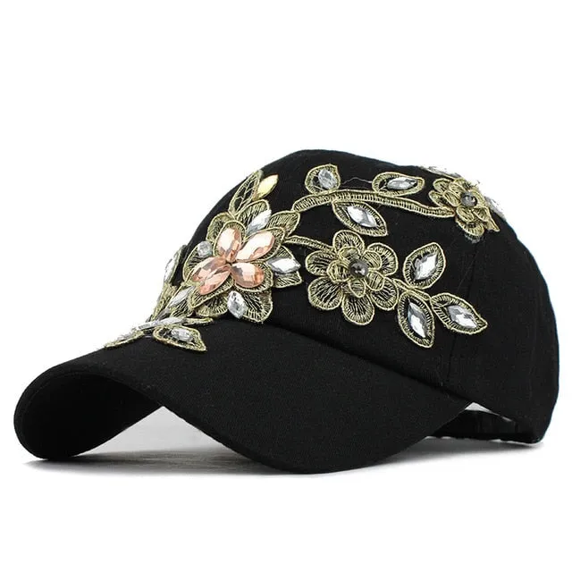 Flower Rhinestone Denim Baseball Cap