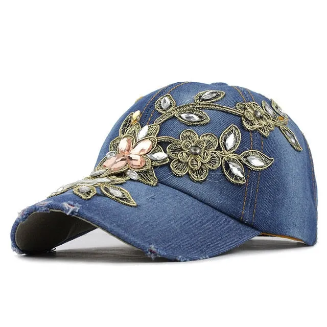 Flower Rhinestone Denim Baseball Cap