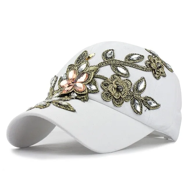 Flower Rhinestone Denim Baseball Cap