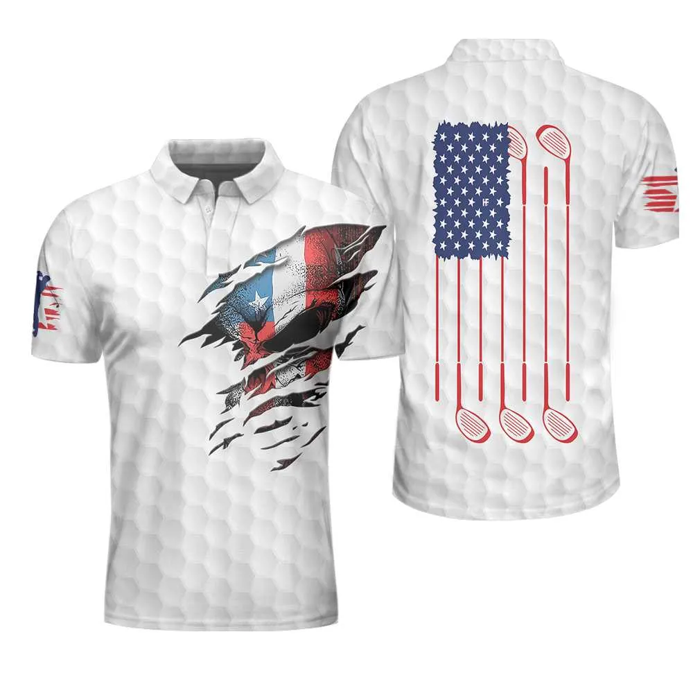 Golf Skull American Flag Short Sleeve Polo Shirt, White Golf Pattern Polo Shirt, Patriotic Golf Shirt For Men Coolspod