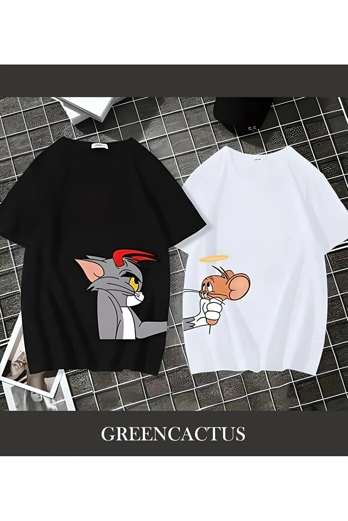 Greencactus Tom jerry printed lover couple combination white black unisex tshirt