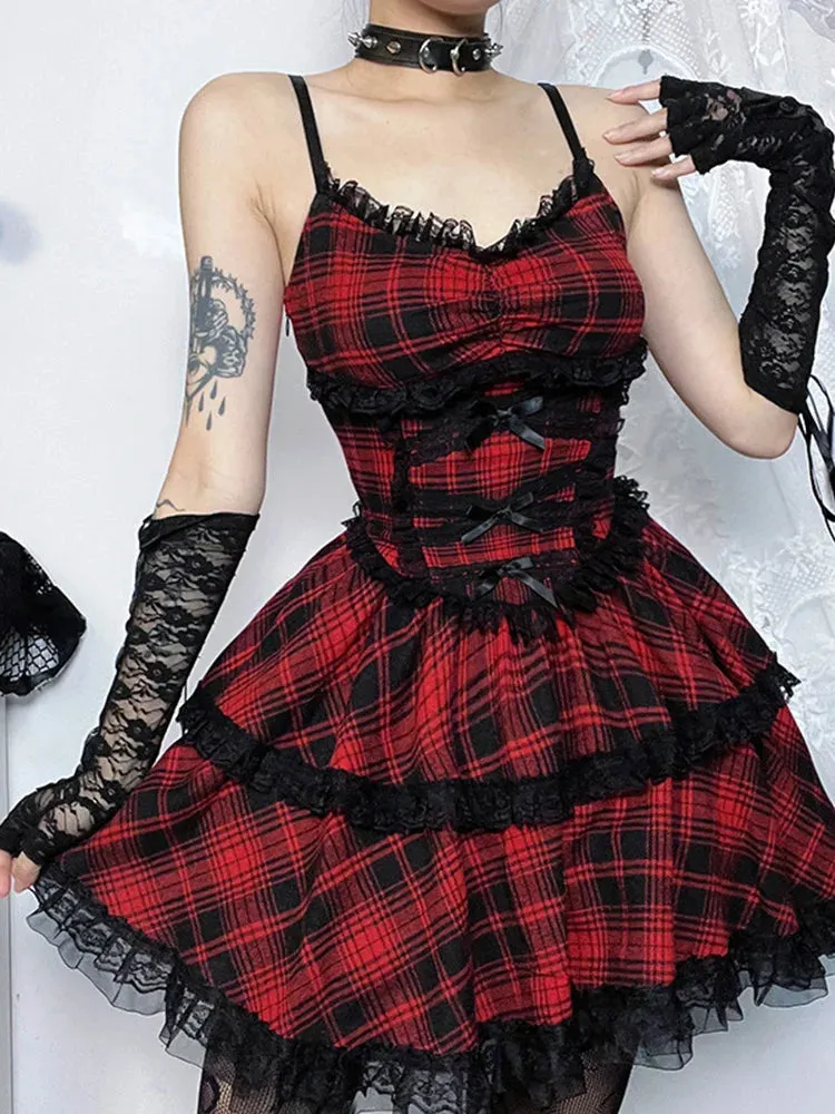 Grunge Gothic Plaid Black Emo Lace Up Backless Mini A-Line Dress