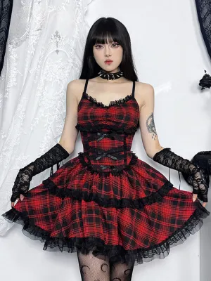 Grunge Gothic Plaid Black Emo Lace Up Backless Mini A-Line Dress