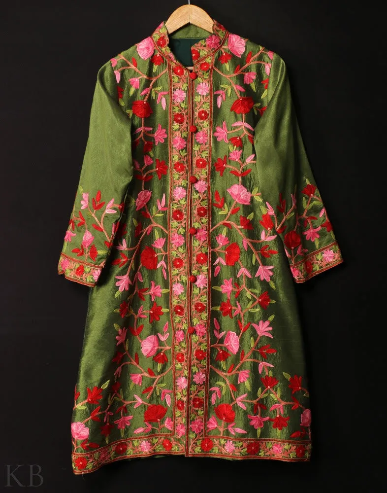 Henna Green Aari Embroidered Silk Jacket