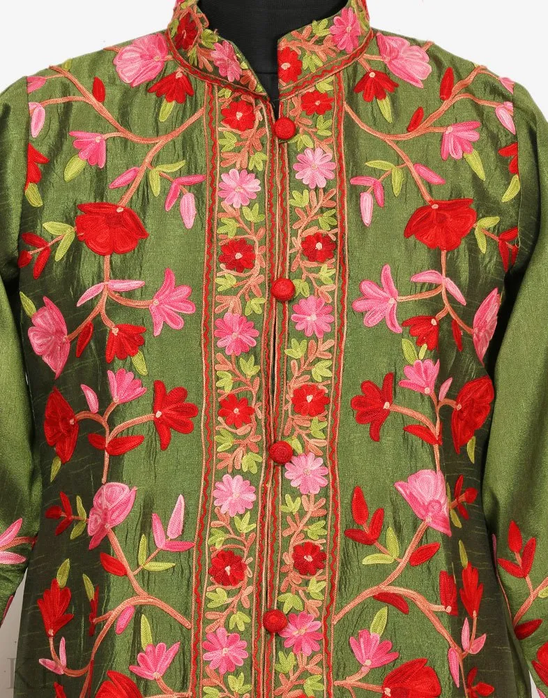 Henna Green Aari Embroidered Silk Jacket