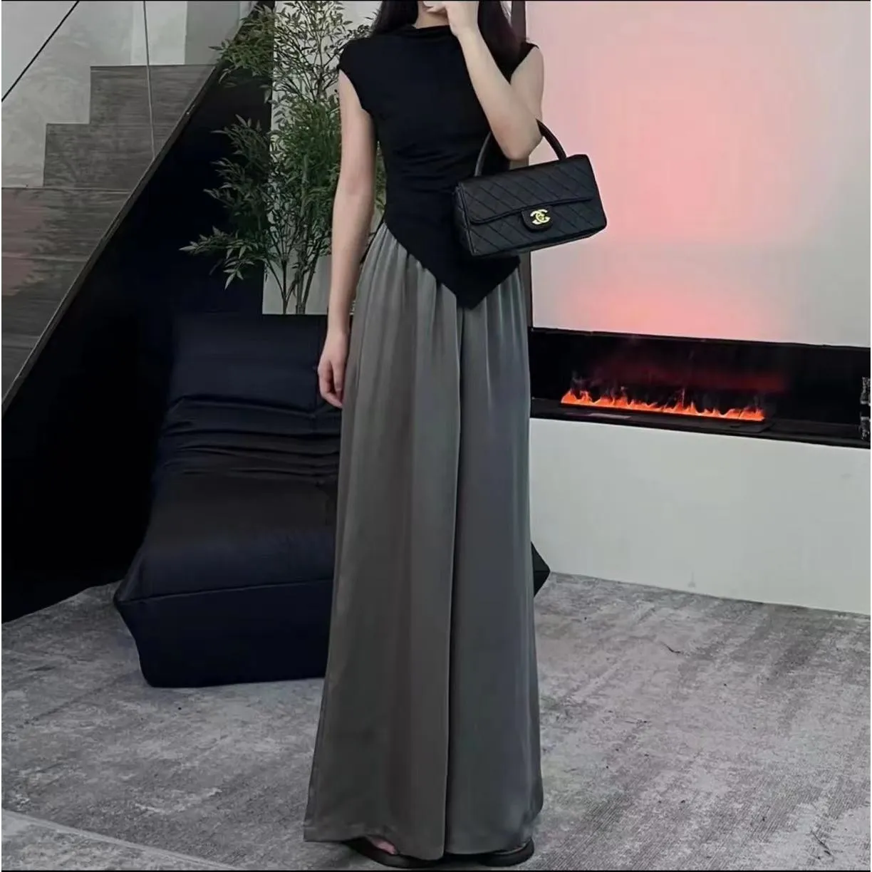 High-Waisted Draping Loose Fit Floor-Length Solid Casual Flare Leg Pants