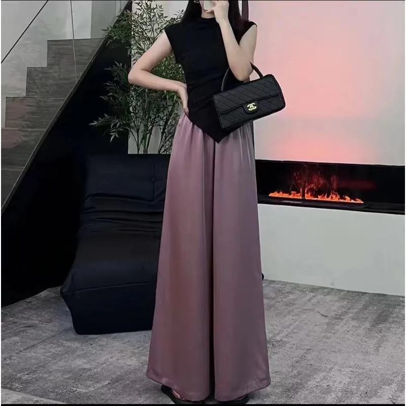 High-Waisted Draping Loose Fit Floor-Length Solid Casual Flare Leg Pants