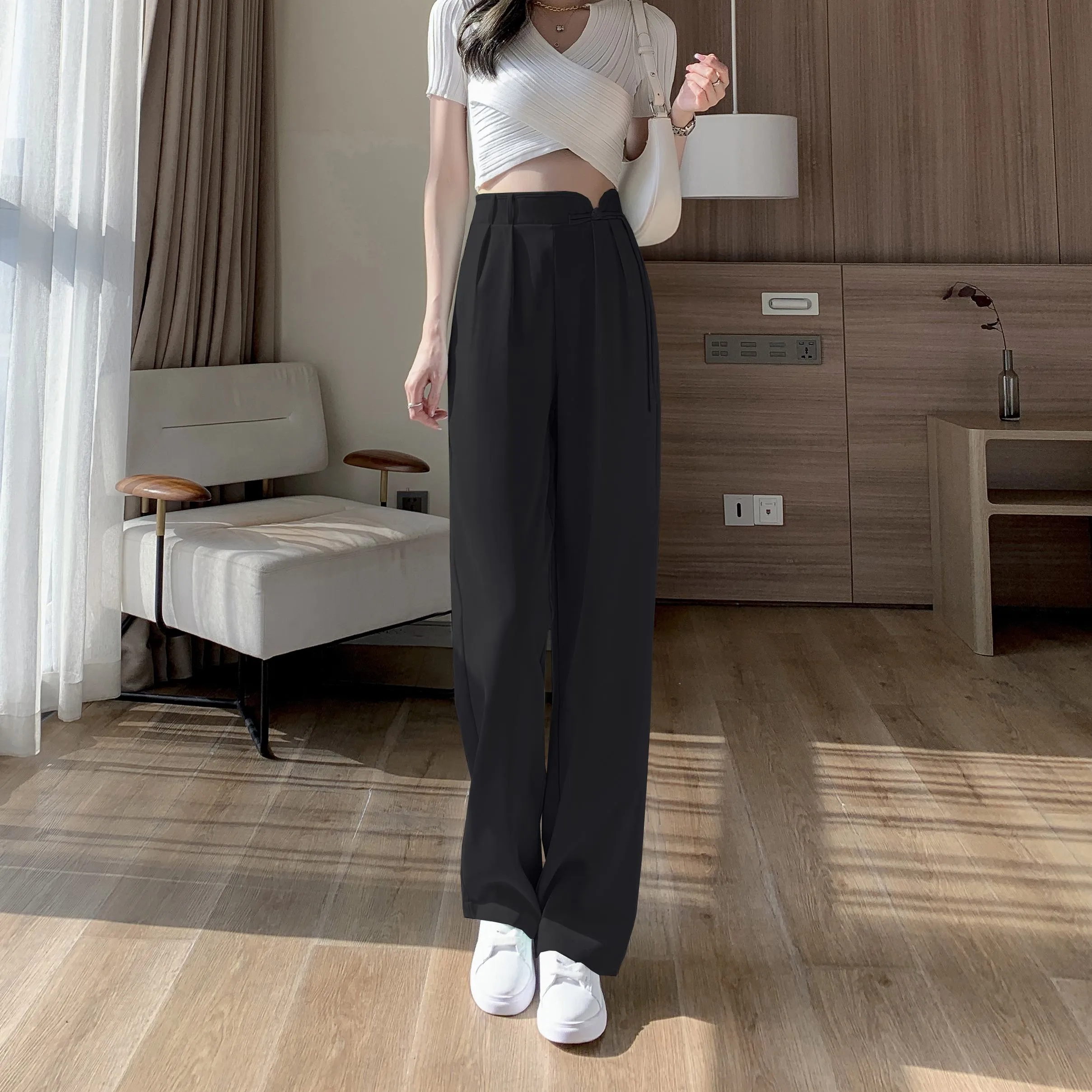 High-Waisted Niche Straight Leg Floor-Length Thin Design Pants