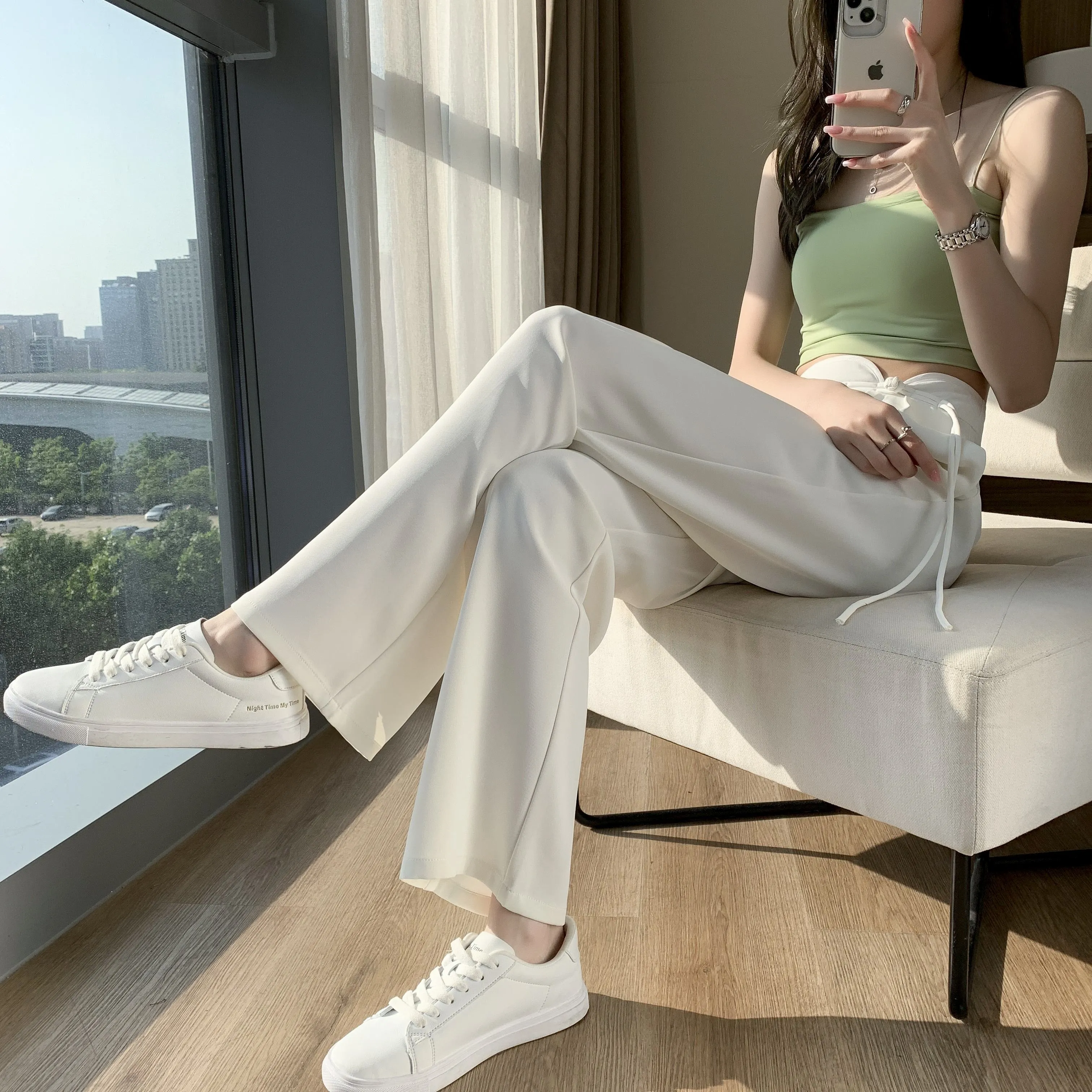 High-Waisted Niche Straight Leg Floor-Length Thin Design Pants