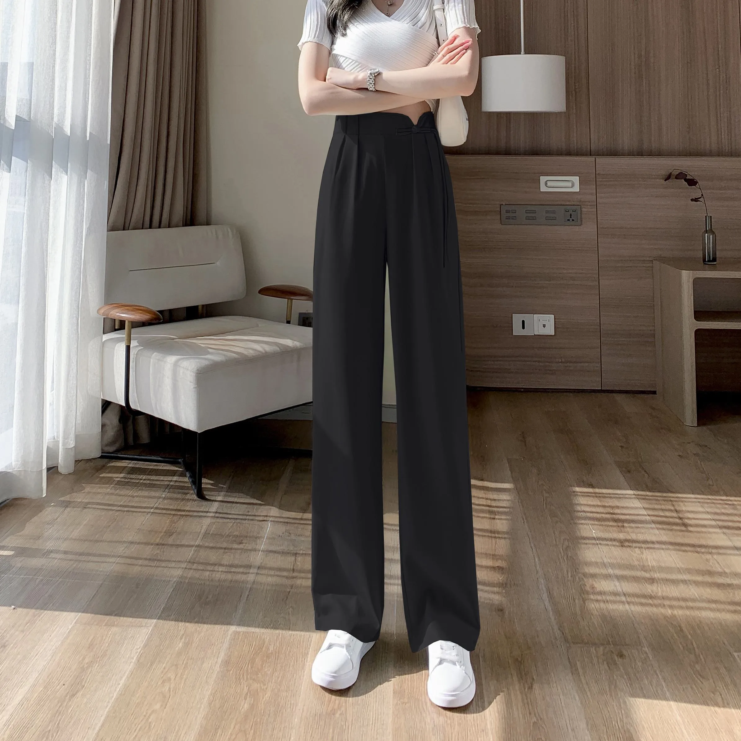 High-Waisted Niche Straight Leg Floor-Length Thin Design Pants