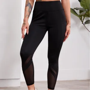 High-Waisted Yoga Sports Fitness Pocket Button Side Patchwork Mesh Sports Leggings