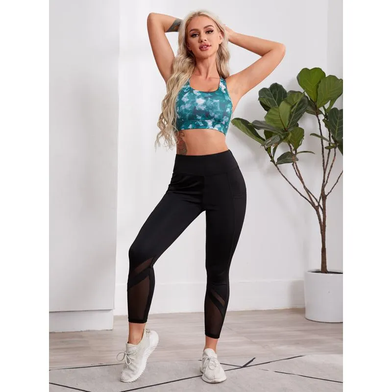 High-Waisted Yoga Sports Fitness Pocket Button Side Patchwork Mesh Sports Leggings