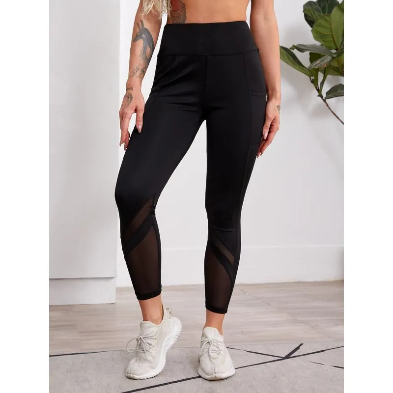 High-Waisted Yoga Sports Fitness Pocket Button Side Patchwork Mesh Sports Leggings