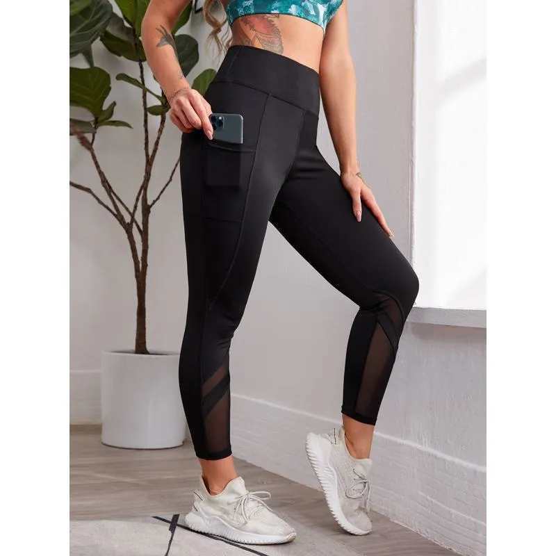 High-Waisted Yoga Sports Fitness Pocket Button Side Patchwork Mesh Sports Leggings