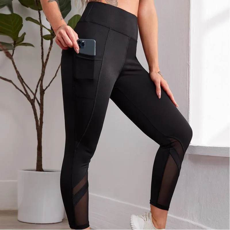 High-Waisted Yoga Sports Fitness Pocket Button Side Patchwork Mesh Sports Leggings