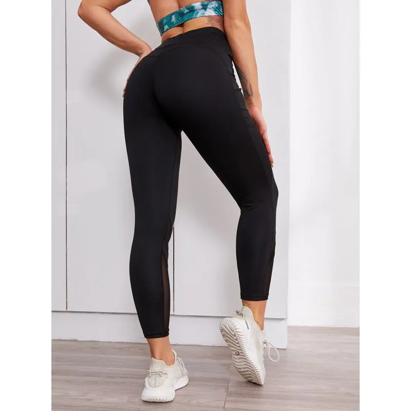 High-Waisted Yoga Sports Fitness Pocket Button Side Patchwork Mesh Sports Leggings