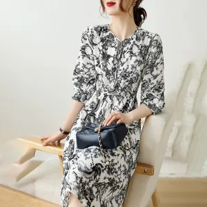 Ink Painting Floral Print Chic V-Neck Dress