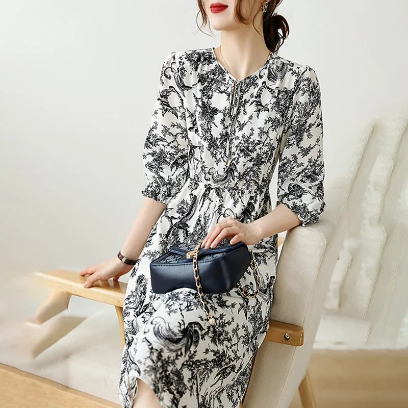 Ink Painting Floral Print Chic V-Neck Dress