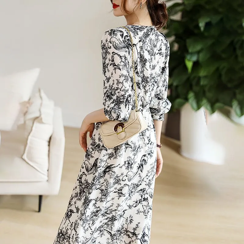 Ink Painting Floral Print Chic V-Neck Dress