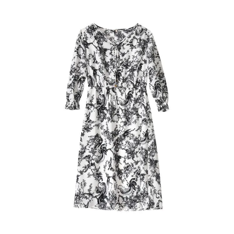 Ink Painting Floral Print Chic V-Neck Dress