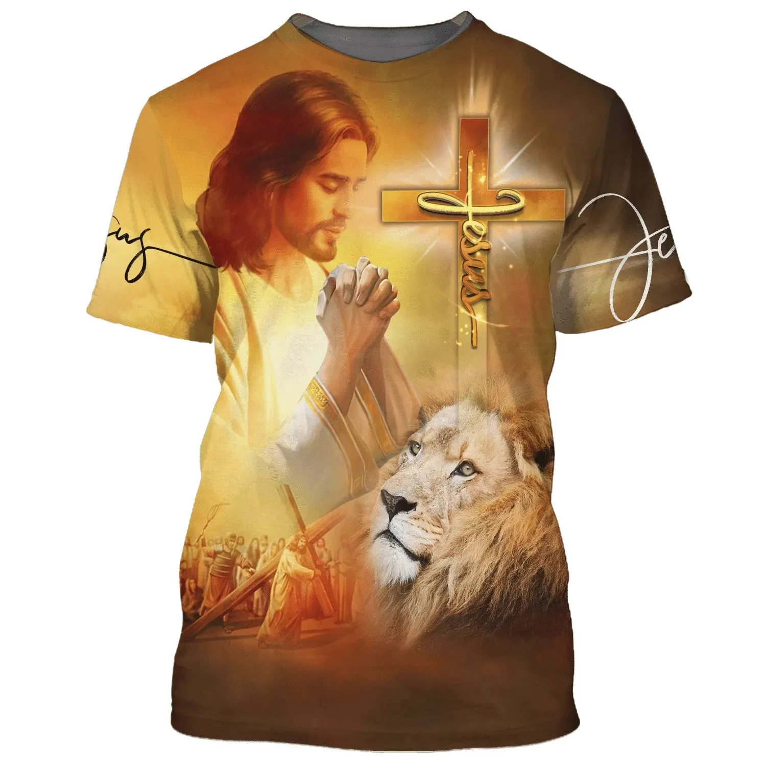 Jesus Pray And The Lion 3d All Over Print Shirt - Christian 3d Shirts For Men Women