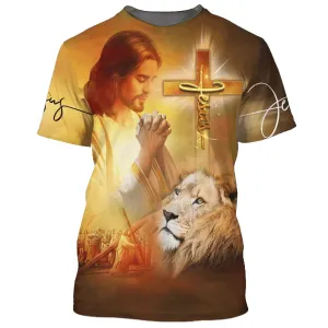 Jesus Pray And The Lion 3d All Over Print Shirt - Christian 3d Shirts For Men Women