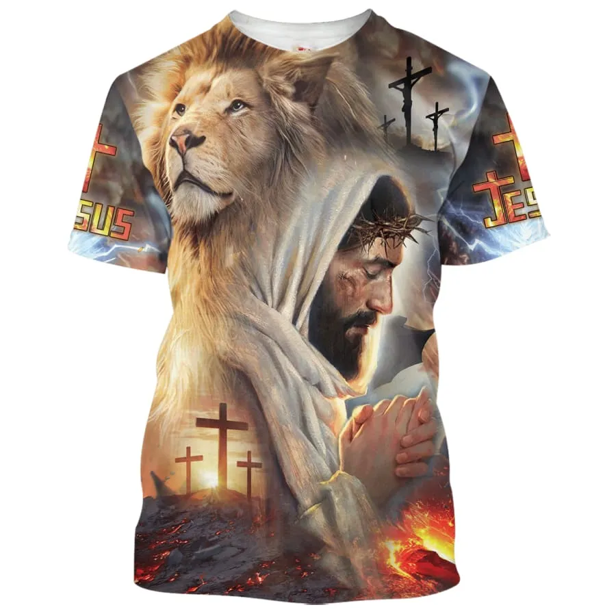 Jesus Prayer With Lion 3d Shirts - Christian T Shirts For Men And Women