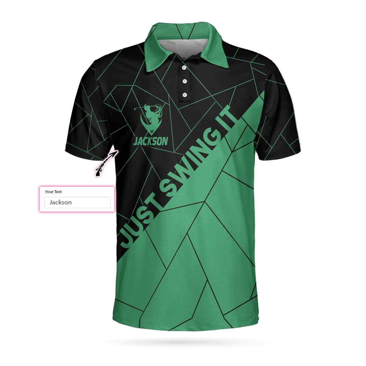 Just Swing It Abstract Geometric Line Pattern Custom Polo Shirt, Personalized Black And Cyan Golf Shirt For Men Coolspod