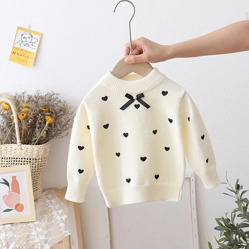 Knitted Bowknot Pullover Embroidered Hearts Comfortable Jumper For Girls