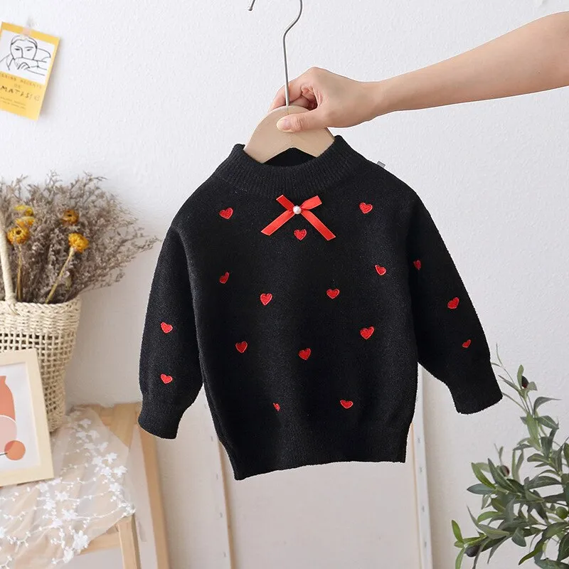 Knitted Bowknot Pullover Embroidered Hearts Comfortable Jumper For Girls