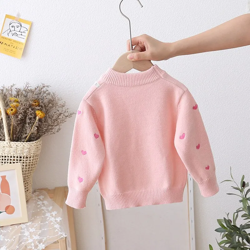 Knitted Bowknot Pullover Embroidered Hearts Comfortable Jumper For Girls