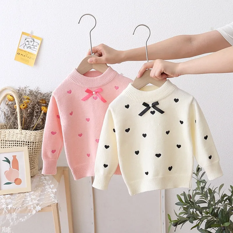 Knitted Bowknot Pullover Embroidered Hearts Comfortable Jumper For Girls