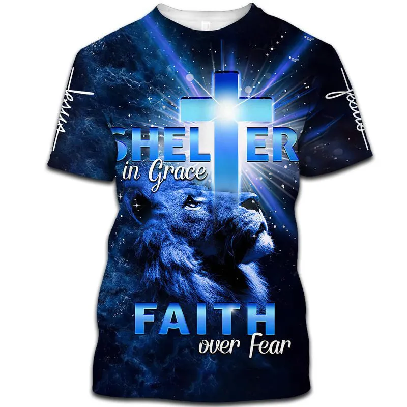 Lion Cross Shelter In Grace Faith Over Fear 3d Shirts - Christian T Shirts For Men And Women