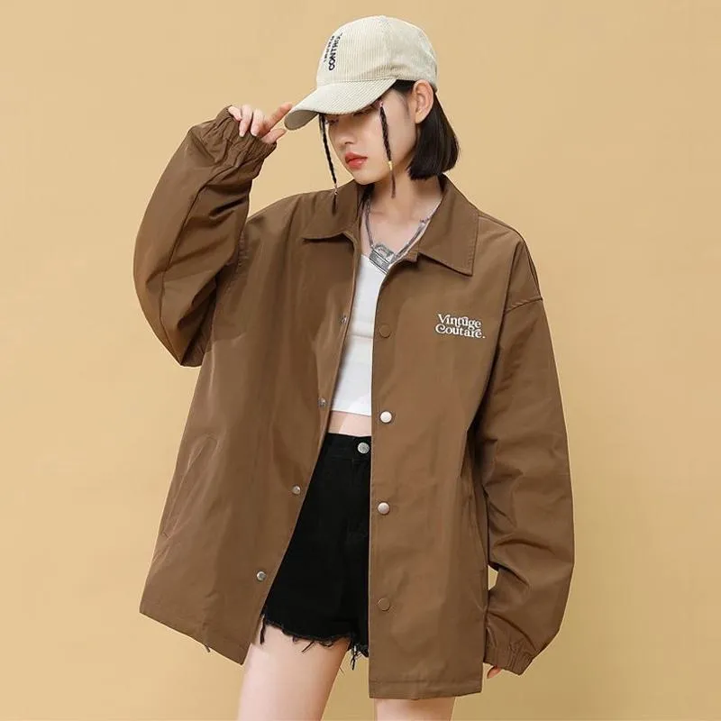 Loose-Fit Lapel Collar Solid Harrington Jacket