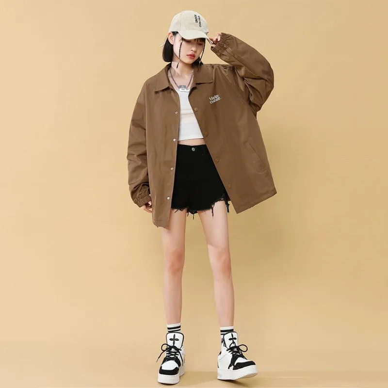 Loose-Fit Lapel Collar Solid Harrington Jacket