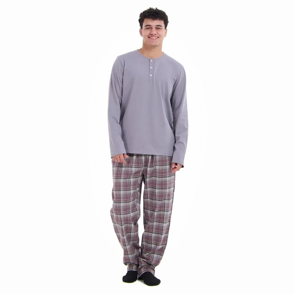 Men Fall Pajama Set Light Grey Buttoned Sweatshirt   Maroon x Light grey checkered Pants