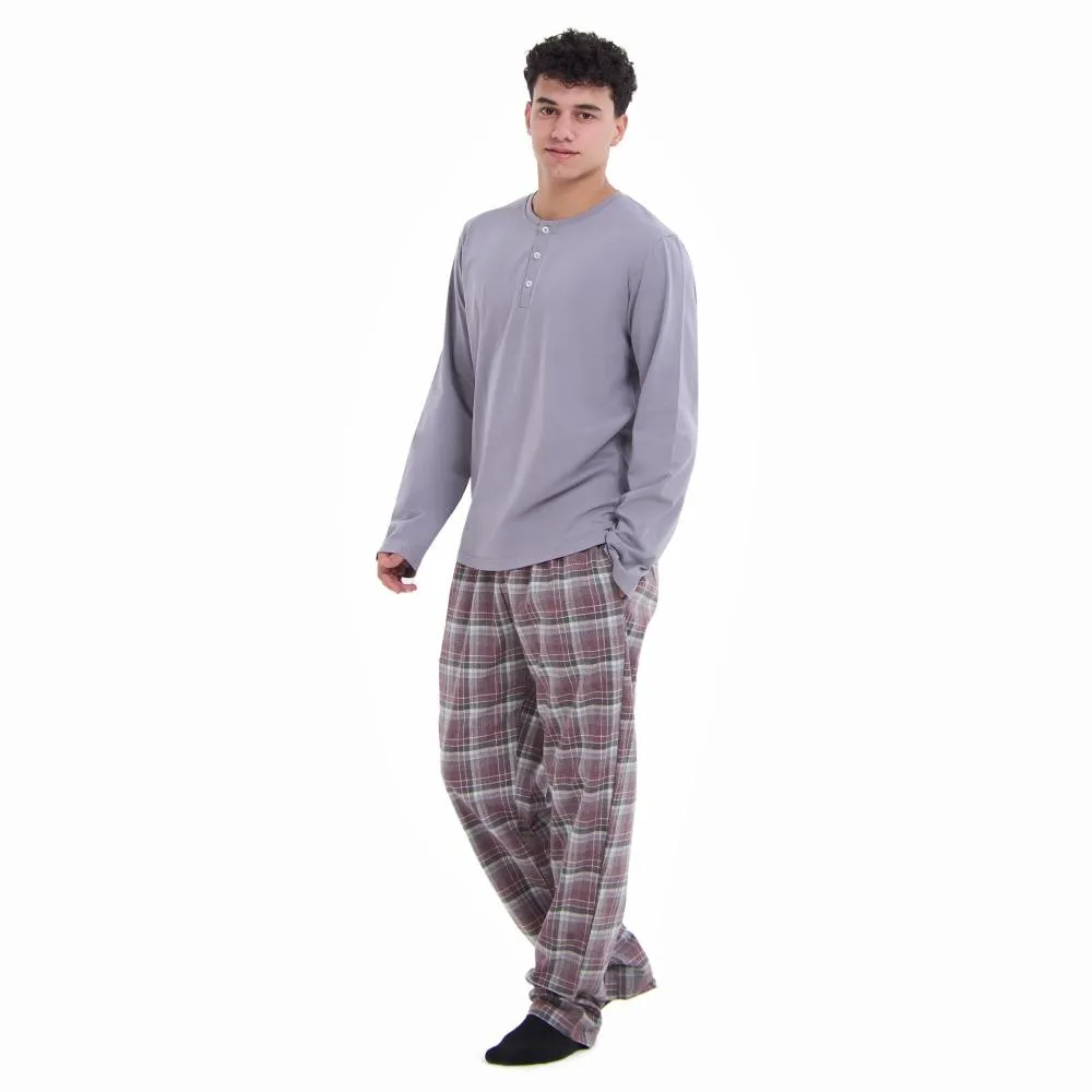 Men Fall Pajama Set Light Grey Buttoned Sweatshirt   Maroon x Light grey checkered Pants