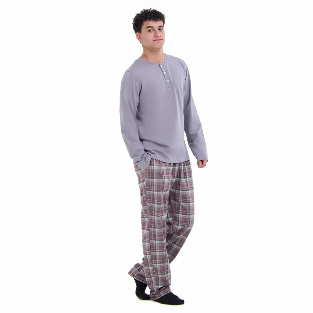 Men Fall Pajama Set Light Grey Buttoned Sweatshirt   Maroon x Light grey checkered Pants