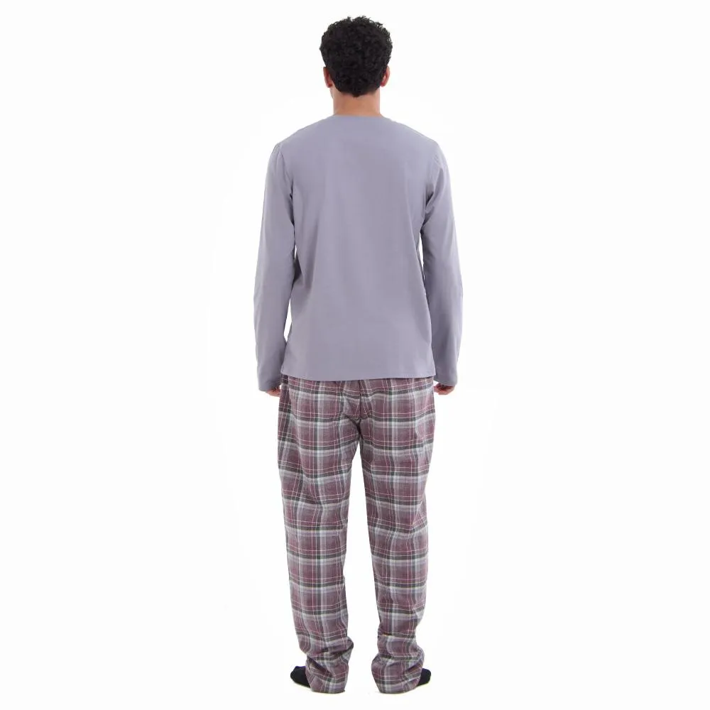 Men Fall Pajama Set Light Grey Buttoned Sweatshirt   Maroon x Light grey checkered Pants