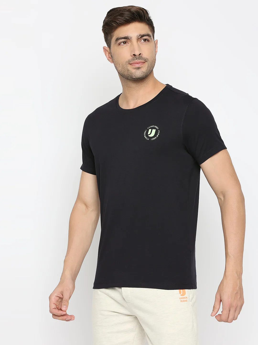 Men Premium Navy Cotton Round Neck Plain Tshirt- Underjeans By Spykar