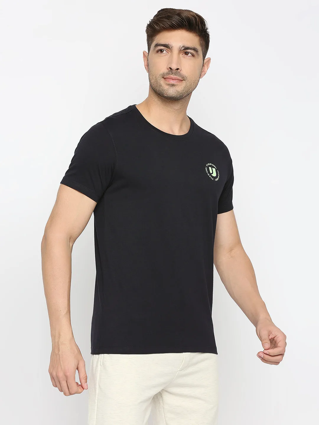 Men Premium Navy Cotton Round Neck Plain Tshirt- Underjeans By Spykar