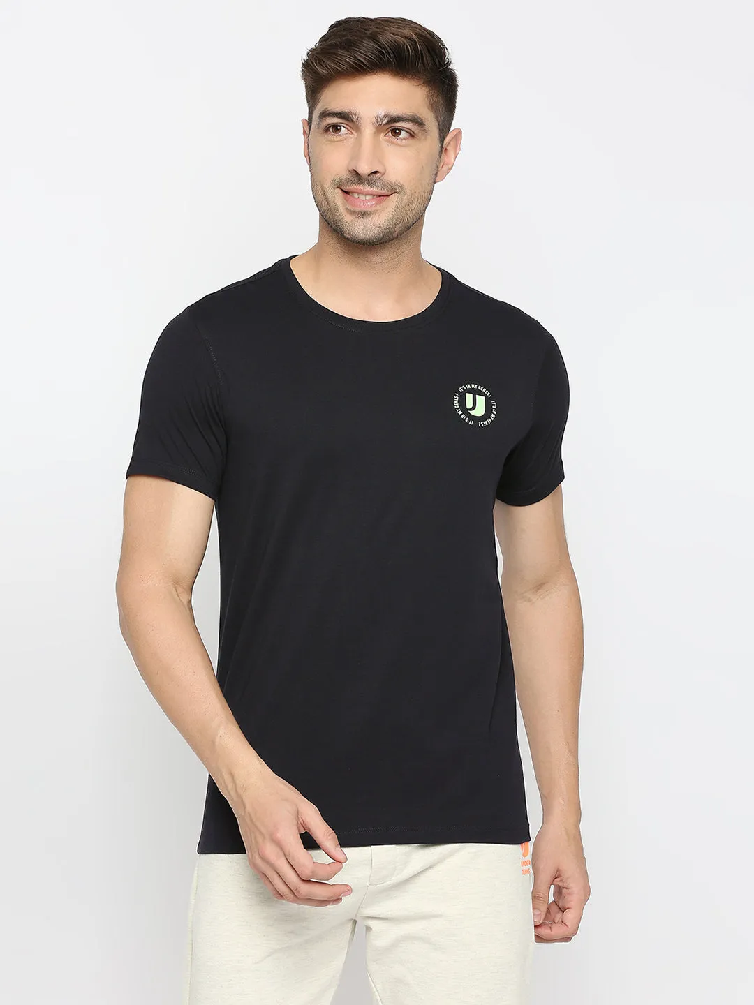 Men Premium Navy Cotton Round Neck Plain Tshirt- Underjeans By Spykar