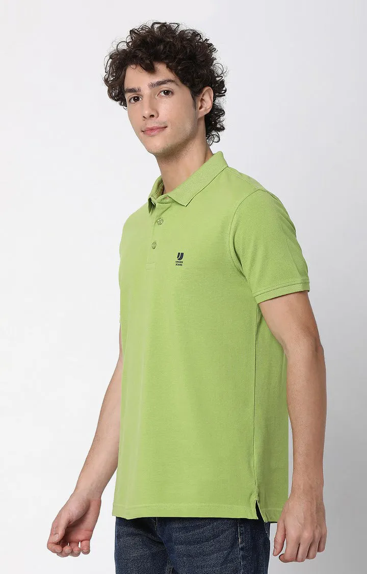 Men Premium Spinach Green Cotton Polo T-Shirts- Underjeans By Spykar