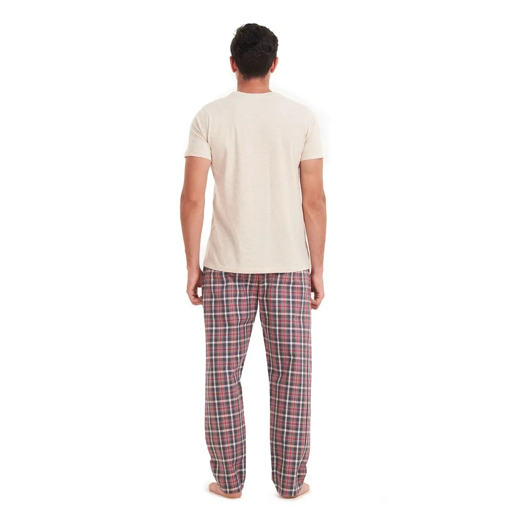 Men summer pajama set Beige T-shirt   Light red checkered pants