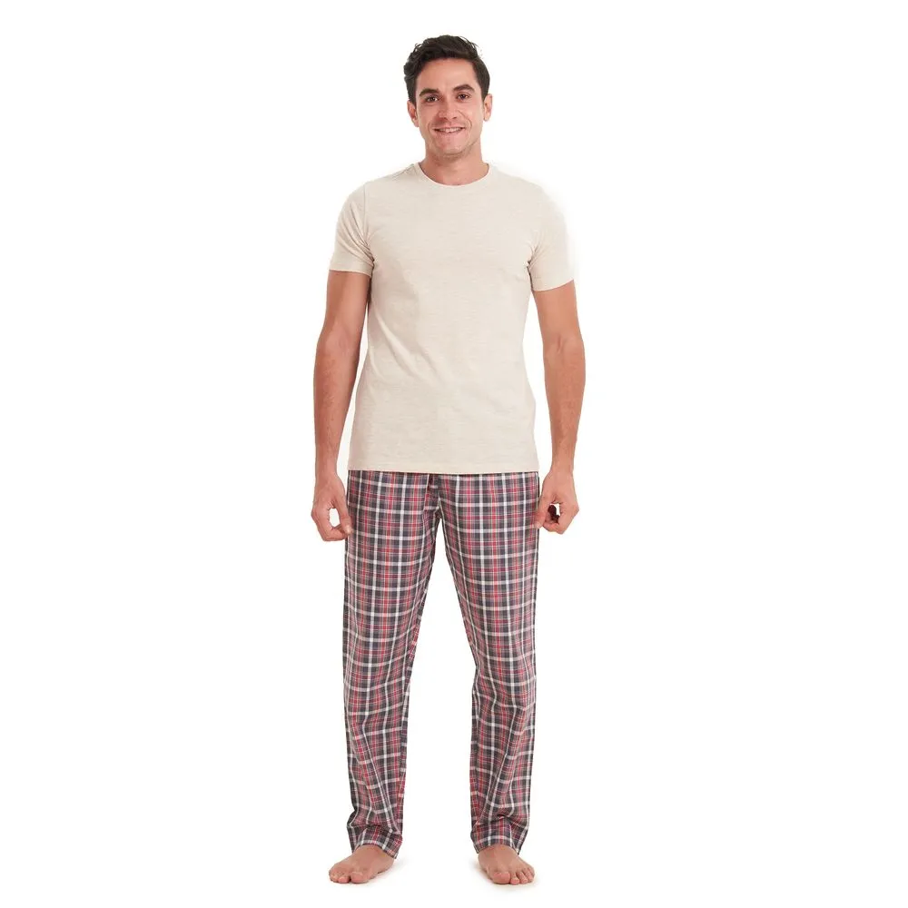 Men summer pajama set Beige T-shirt   Light red checkered pants