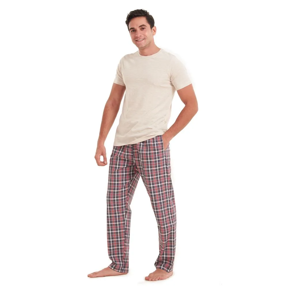 Men summer pajama set Beige T-shirt   Light red checkered pants