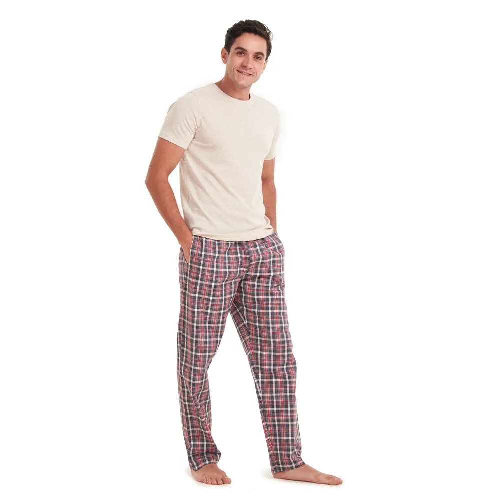 Men summer pajama set Beige T-shirt   Light red checkered pants