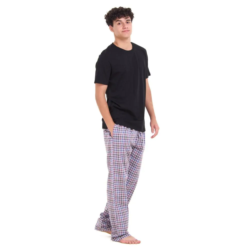 Men summer pajama set Black T-shirt   Black x Dark purple Checkered Pants