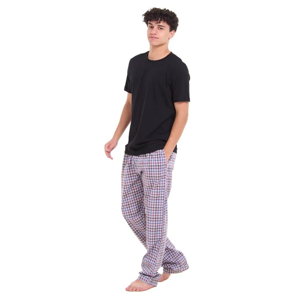 Men summer pajama set Black T-shirt   Black x Dark purple Checkered Pants