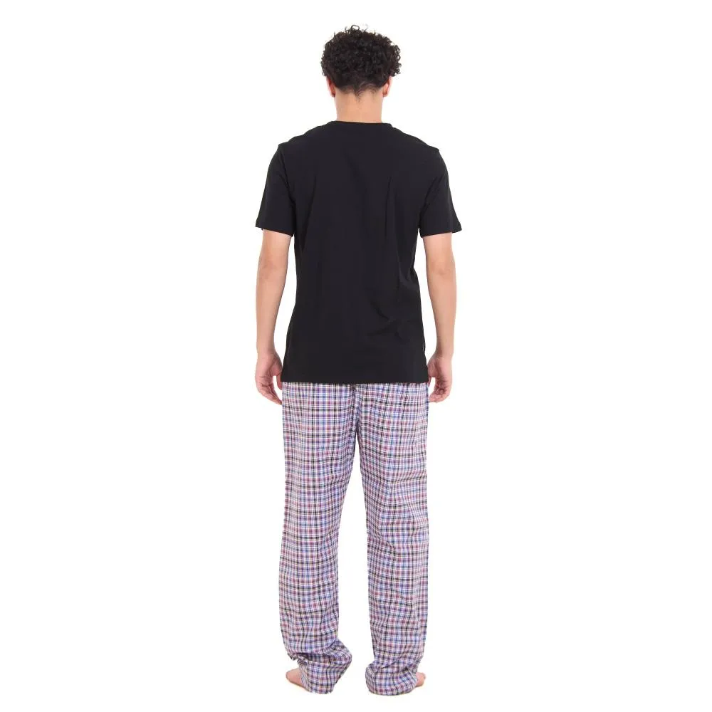 Men summer pajama set Black T-shirt   Black x Dark purple Checkered Pants